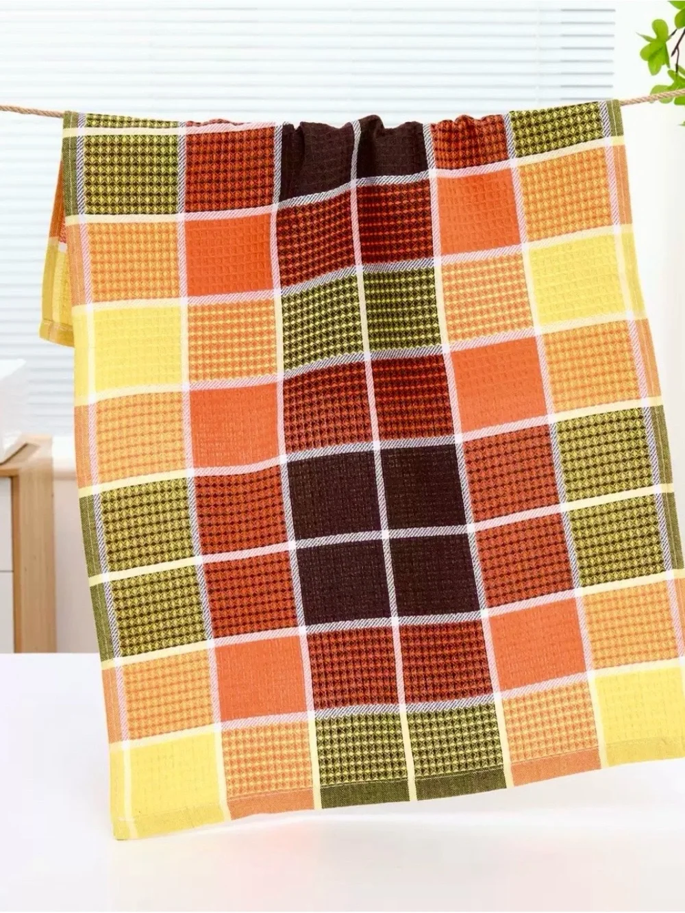 Stacked Waffle Weave Kitchen Towels in Orange, Olive & Brown 5 pieces